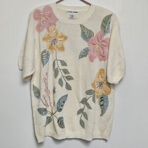 Alfred Dunner Vintage Ramie Blend Floral Embroidered Cream  2xl Crewneck Sweater